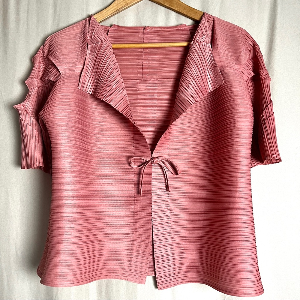 Architectural Micro Pleated Stretch Tie Front Blouse Pink Sculptural Sleeves